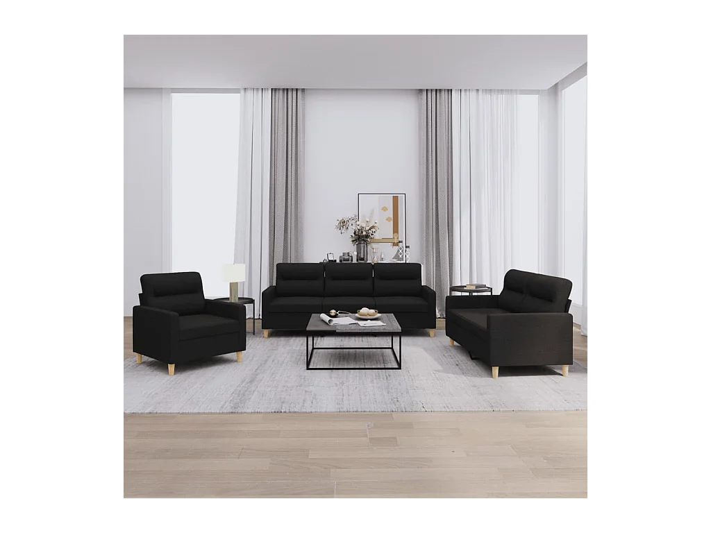 Set di Divani 3 pz con Cuscini Nero in Tessuto