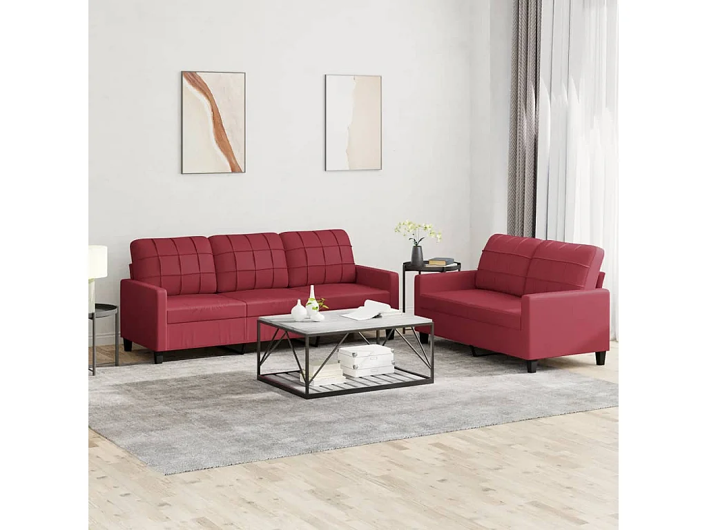 2 pcs conjunto sofás c/ almofadões couro artif. vermelho tinto