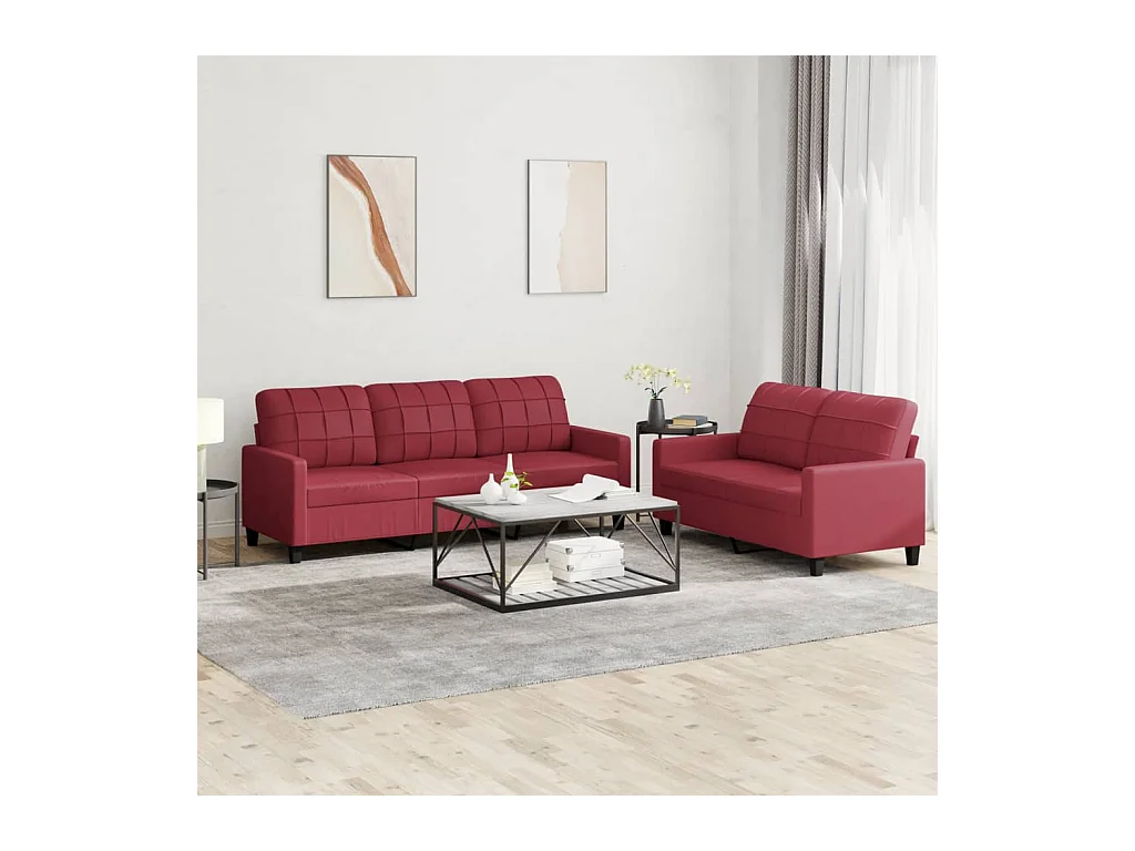 Set di Divani 2 pz con Cuscini Rosso Vino in Similpelle