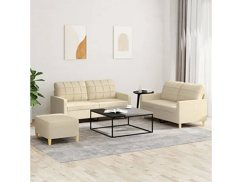 Set di Divani 3 pz con Cuscini Crema in Tessuto