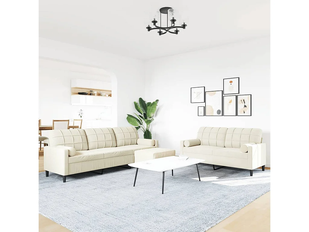 3 pcs conjunto de sofás com almofadões e rolos veludo creme