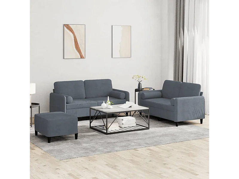 Set di Divani 3 pz con Cuscini Grigio Scuro in Velluto