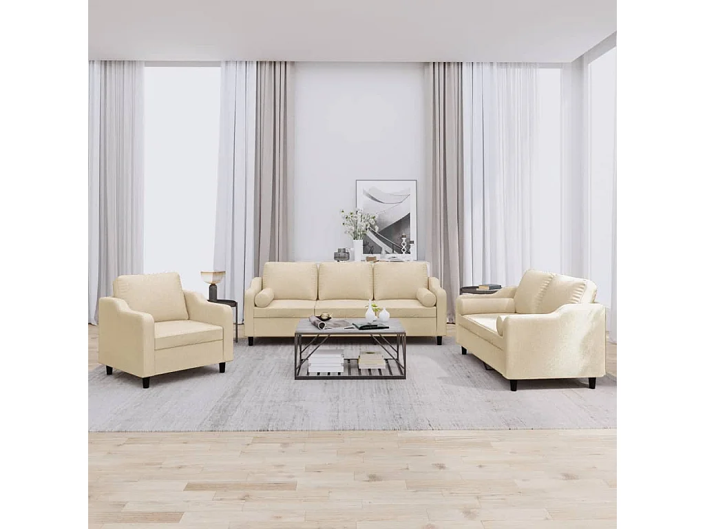 Set Divani 3 pz con Cuscini Crema in Tessuto