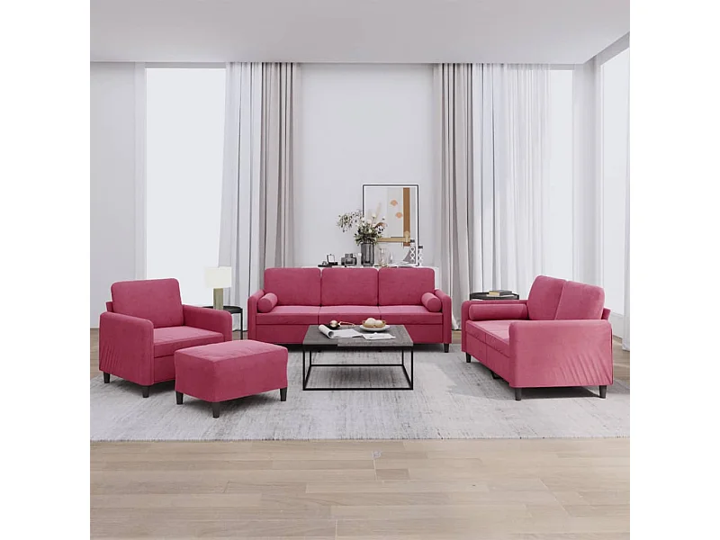 Set di Divani 4 pz con Cuscini Rosso Vino in Velluto