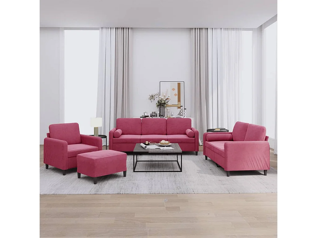 Set di Divani 4 pz con Cuscini Rosso Vino in Velluto