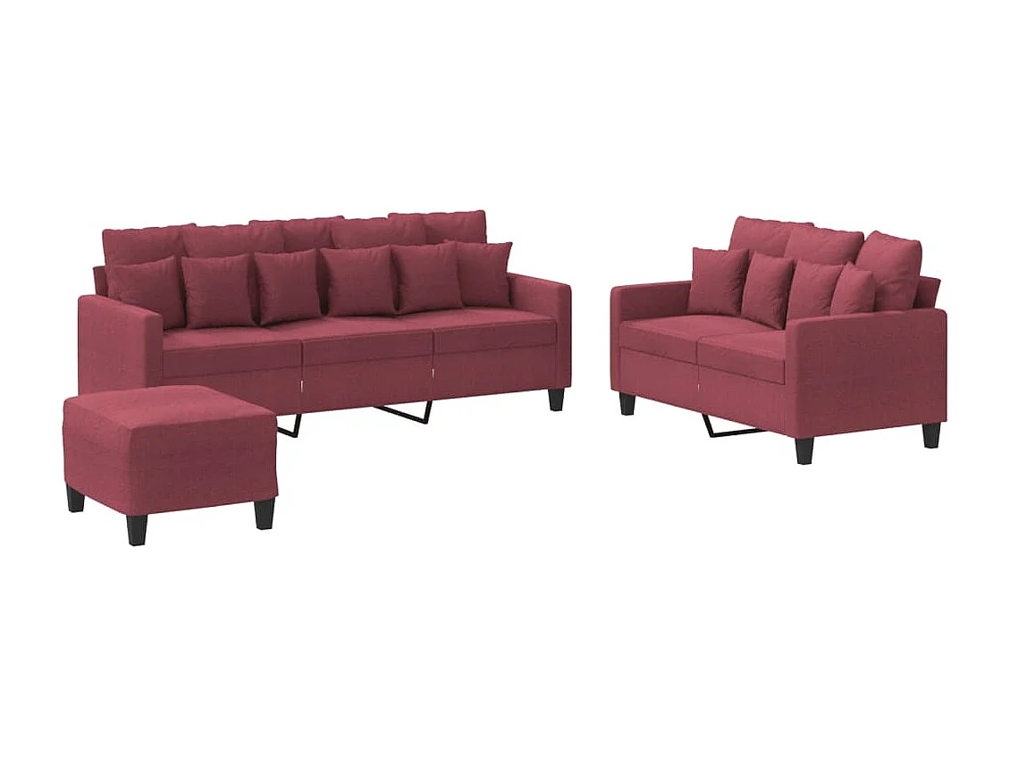 Set di Divani 3 pz con Cuscini Rosso Vino in Tessuto