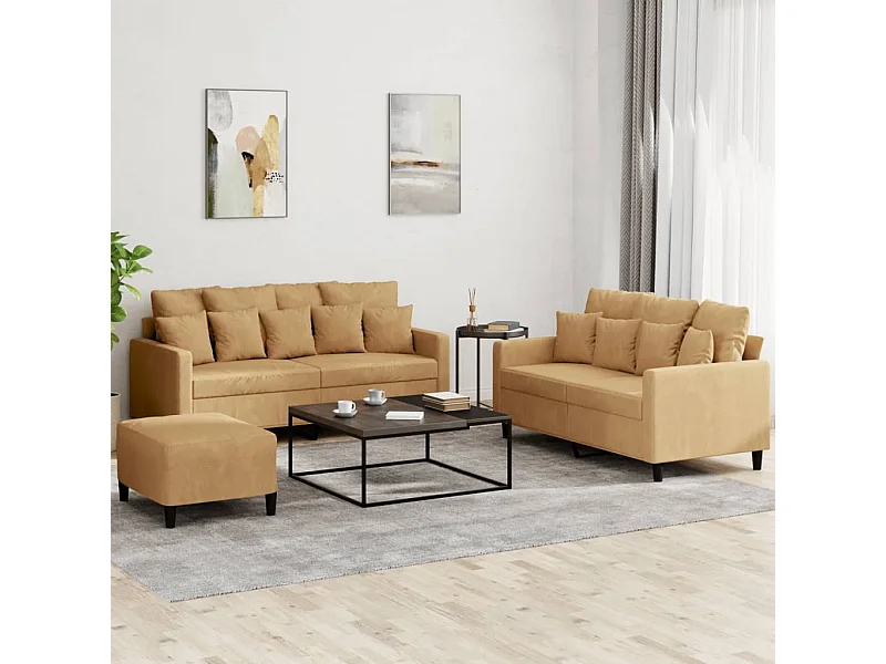 Set di Divani 3 pz con Cuscini Marrone in Velluto