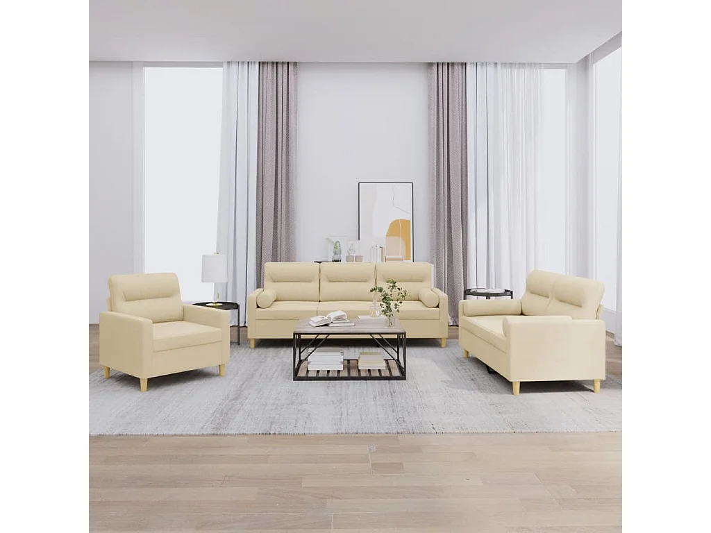 3 pcs conjunto de sofás com almofadas tecido cor creme