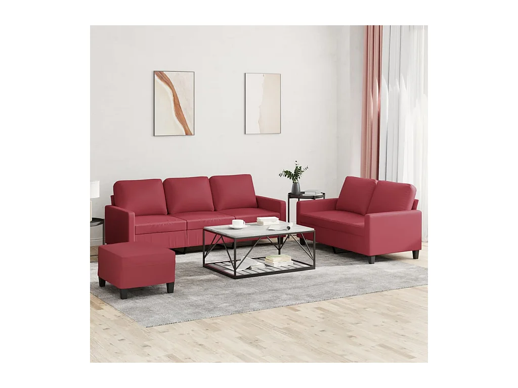 Set di Divani 3 pz con Cuscini Rosso Vino in Similpelle