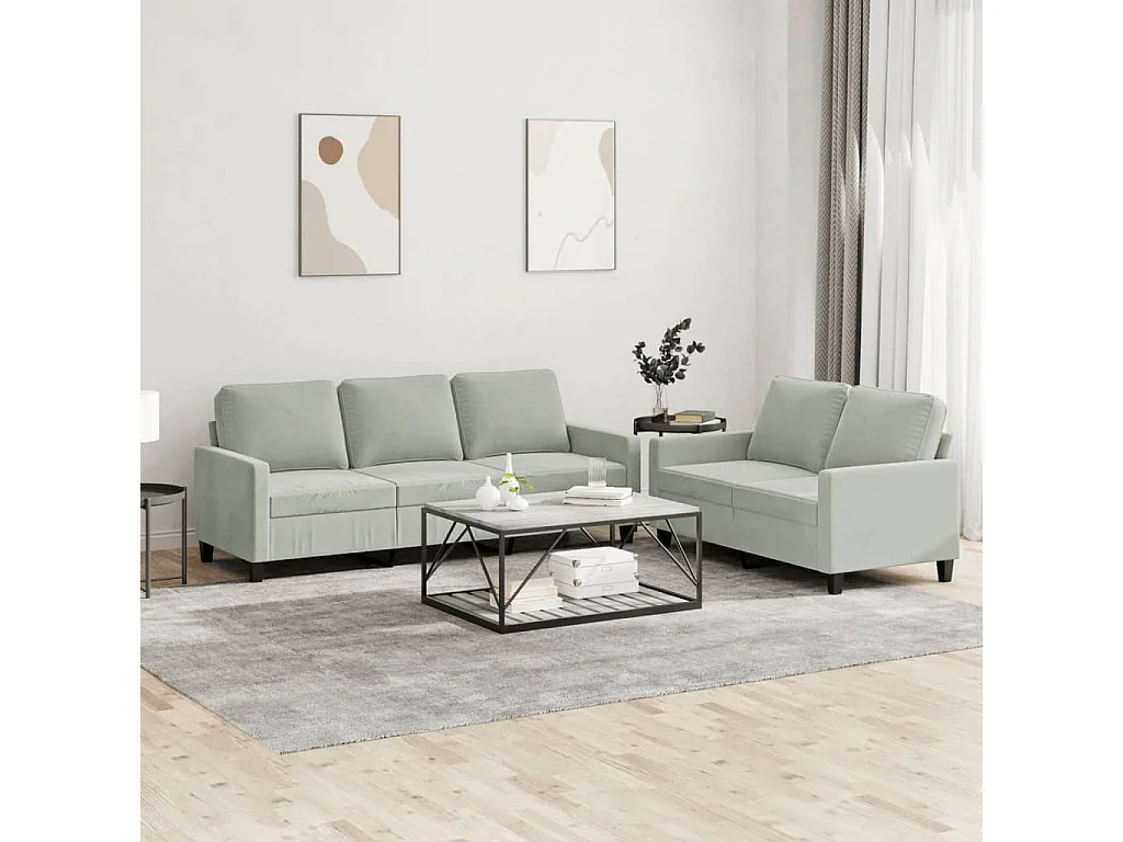 2 pcs conjunto de sofás com almofadões veludo cinzento-claro