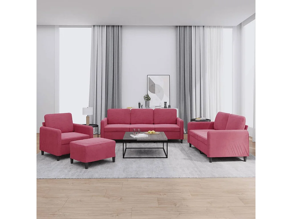 4 pcs conjunto de sofás veludo vermelho-tinto