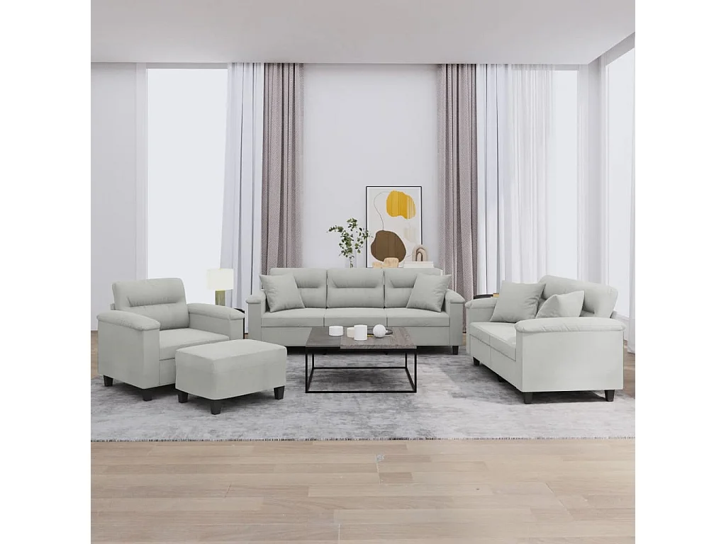 4-delige Loungeset met kussens microvezelstof lichtgrijs
