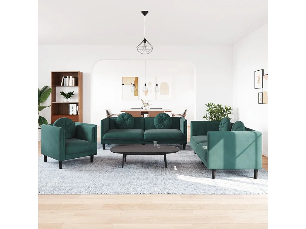 3 pcs conjunto de sofás com almofadas veludo verde-escuro