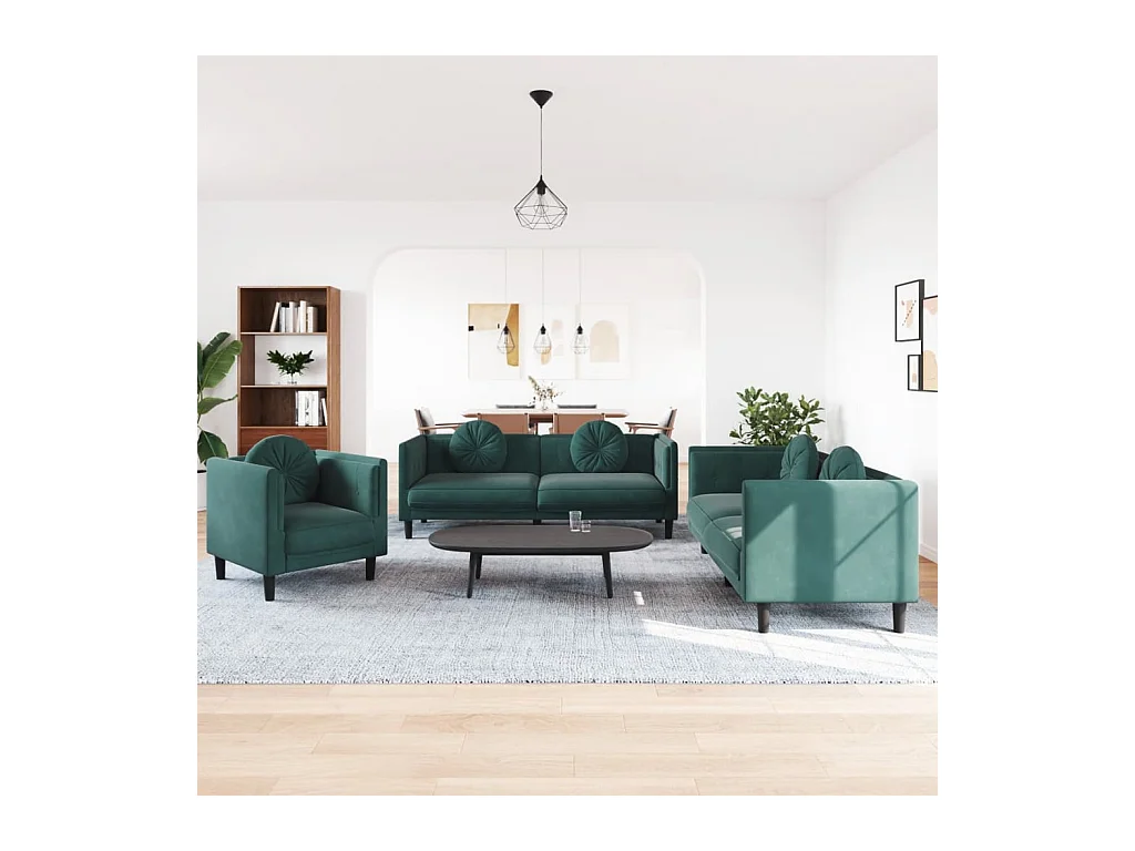 Ensemble de canapés 3 pcs avec coussins vert foncé velours