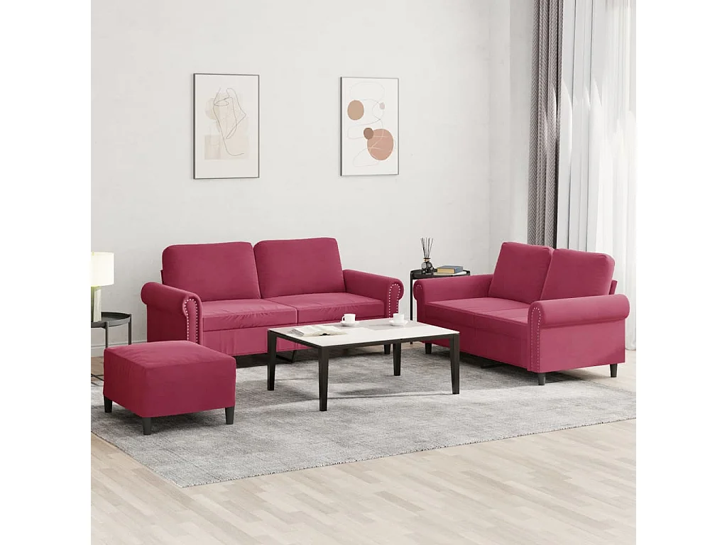 3 pcs conjunto de sofás com almofadões veludo vermelho tinto