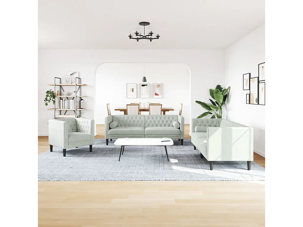 3-delige Loungeset Chesterfield met bolsters fluweel lichtgrijs