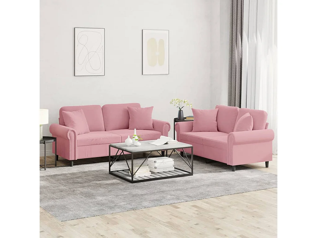 Set di Divani 2 pz con Cuscini Rosa in Velluto