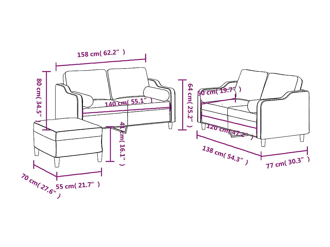 Ensemble de canapés 3 pcs coussins gris foncé tissu