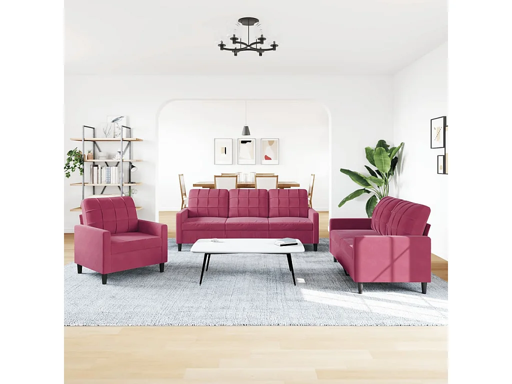 3-delige Loungeset met kussens fluweel wijnrood