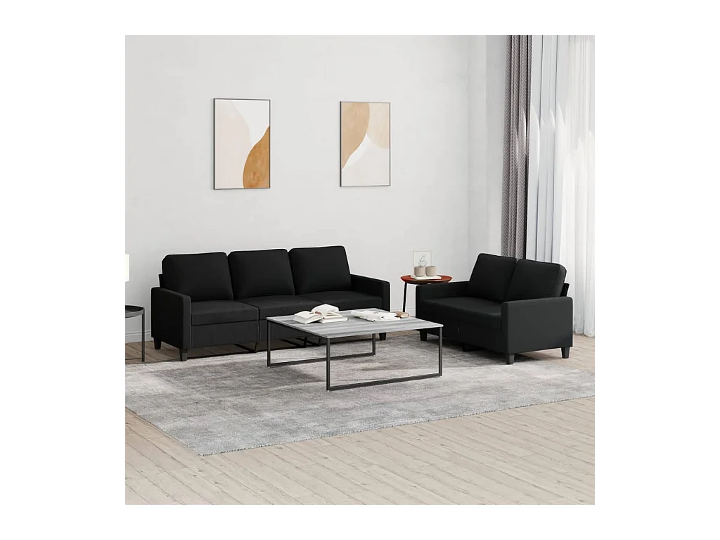 Set di Divani 2 pz con Cuscini Nero in Tessuto