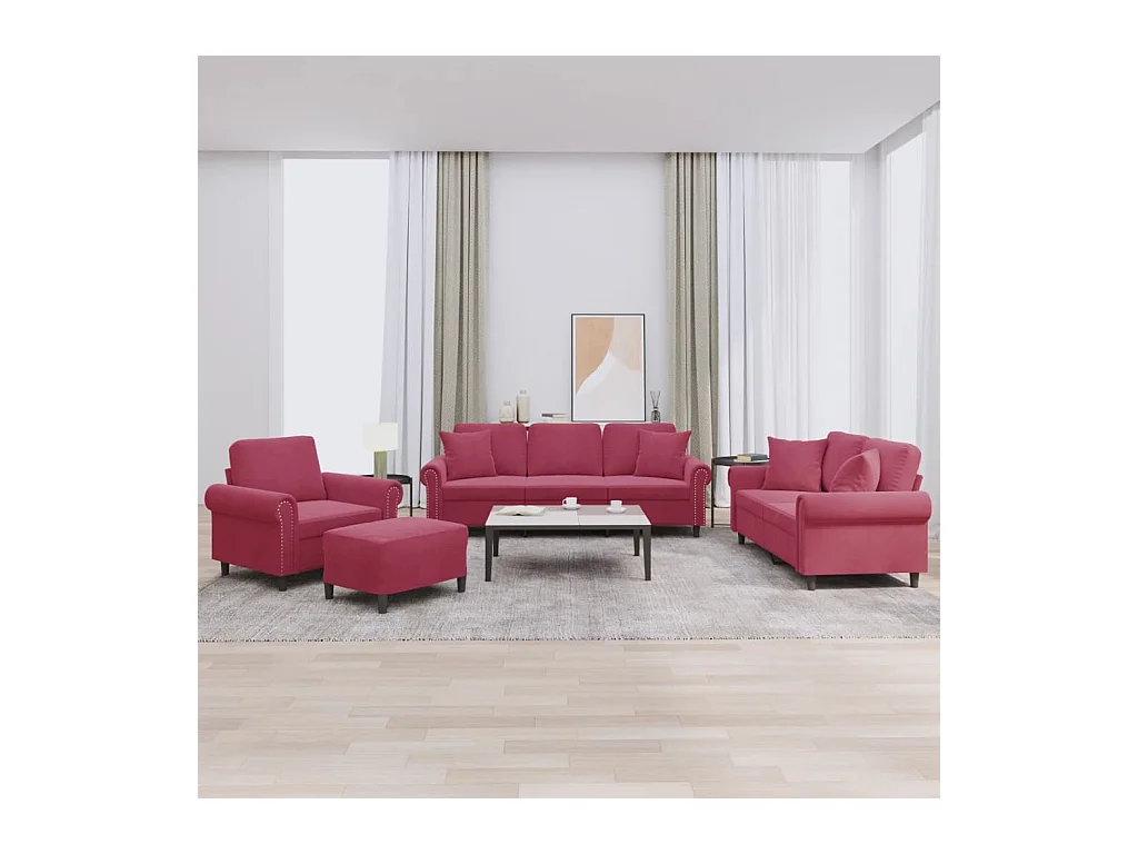 Ensemble de canapés 4 pcs avec coussins rouge bordeaux velours