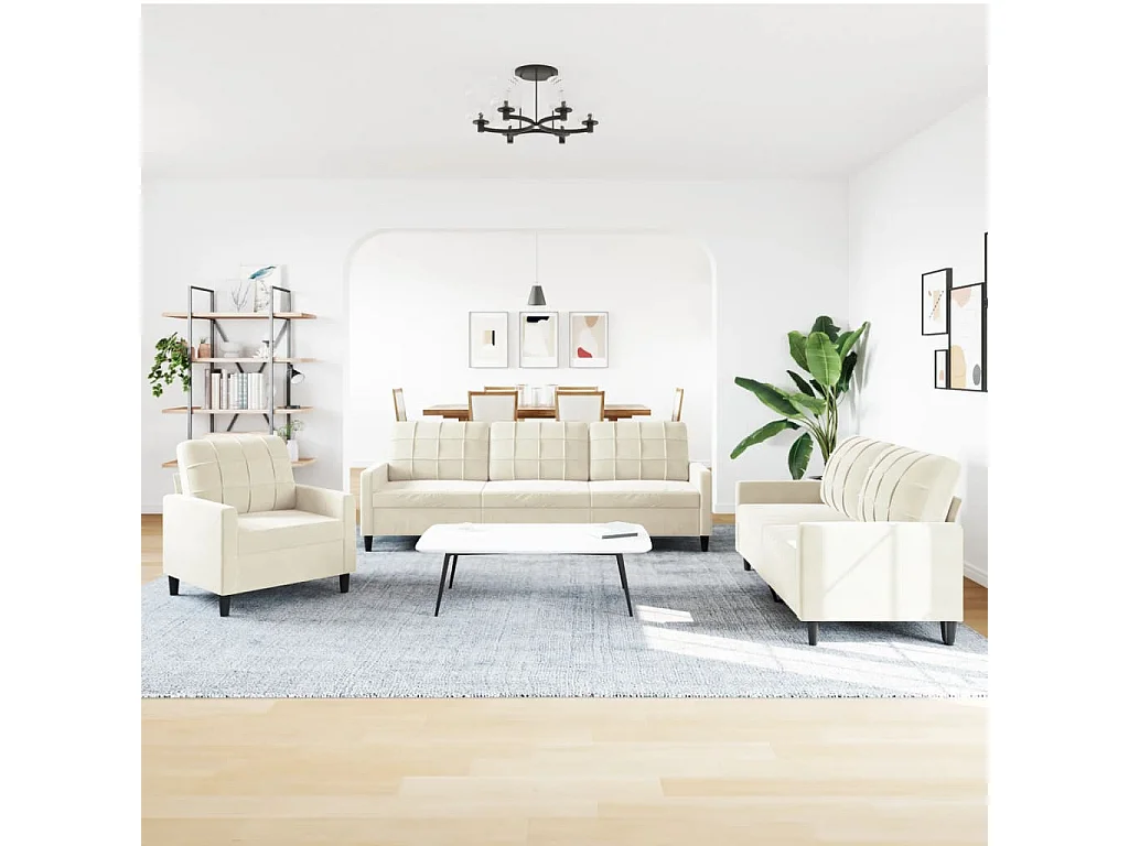 Set di Divani 3 pz con Cuscini Crema in Velluto