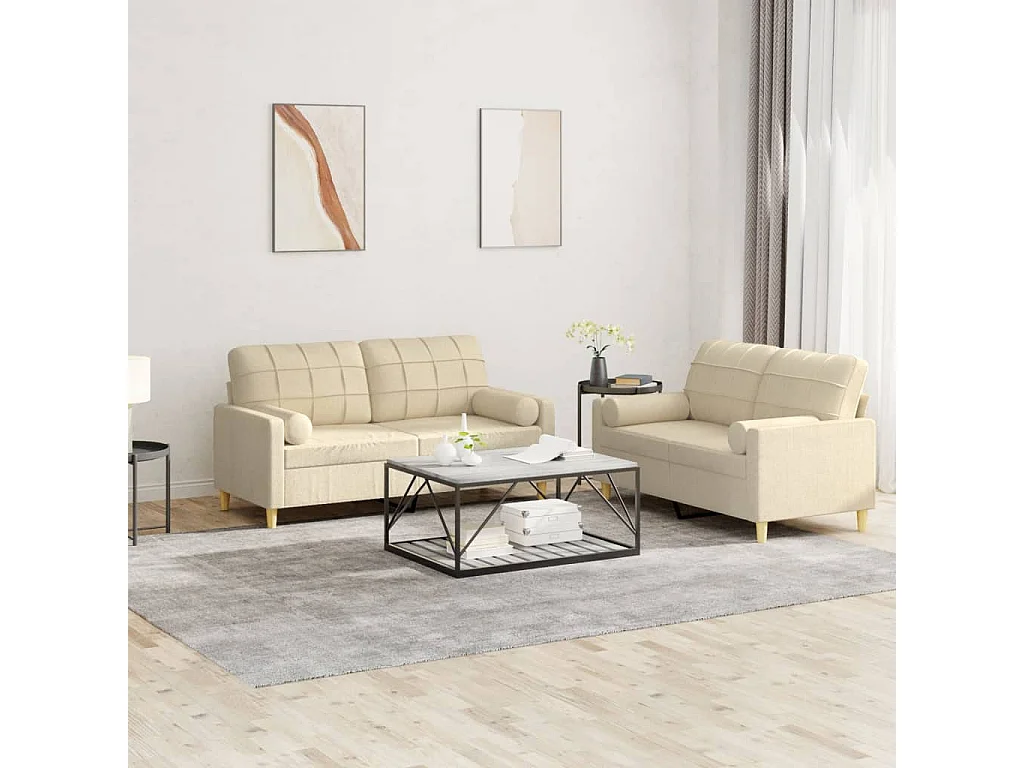 Set Divani 2 pz con Cuscini Crema in Tessuto