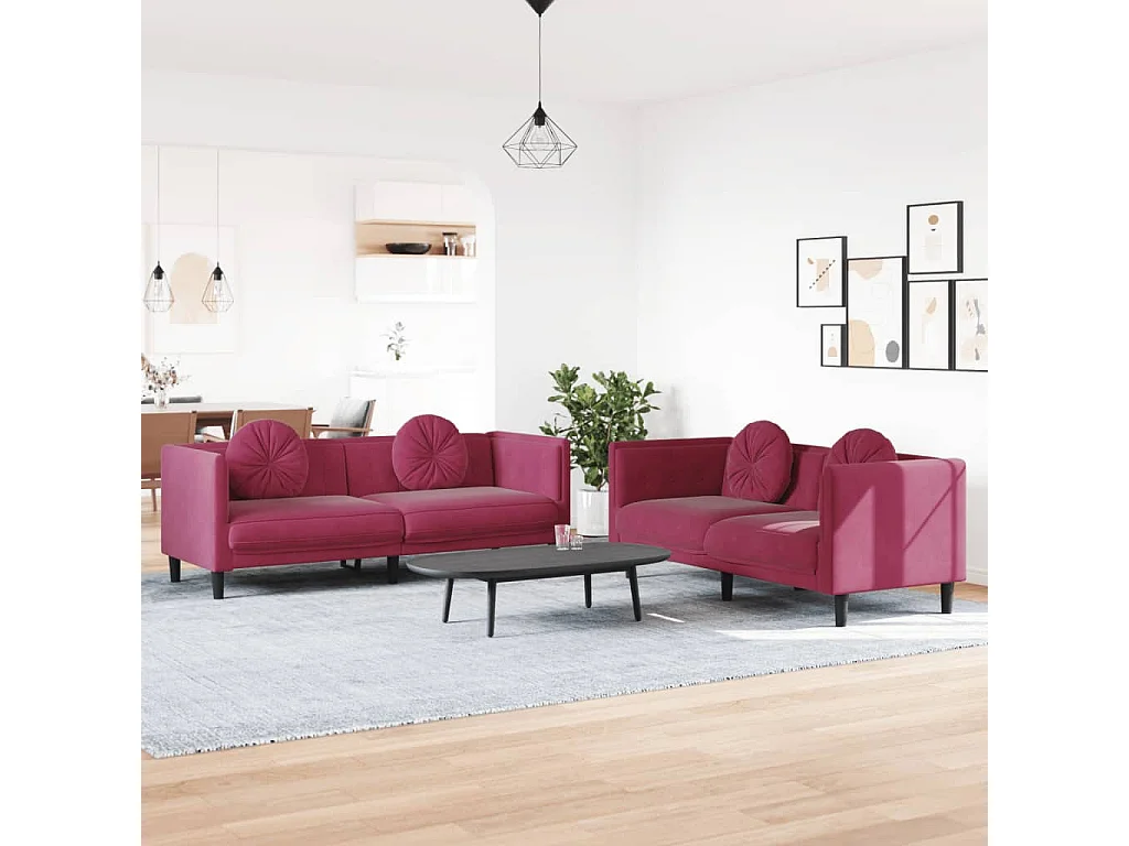 Ensemble de canapés 2 pcs avec coussins rouge bordeaux velours