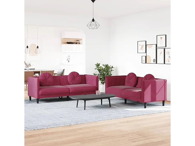 2 pcs conjunto de sofás com almofadas veludo vermelho-tinto