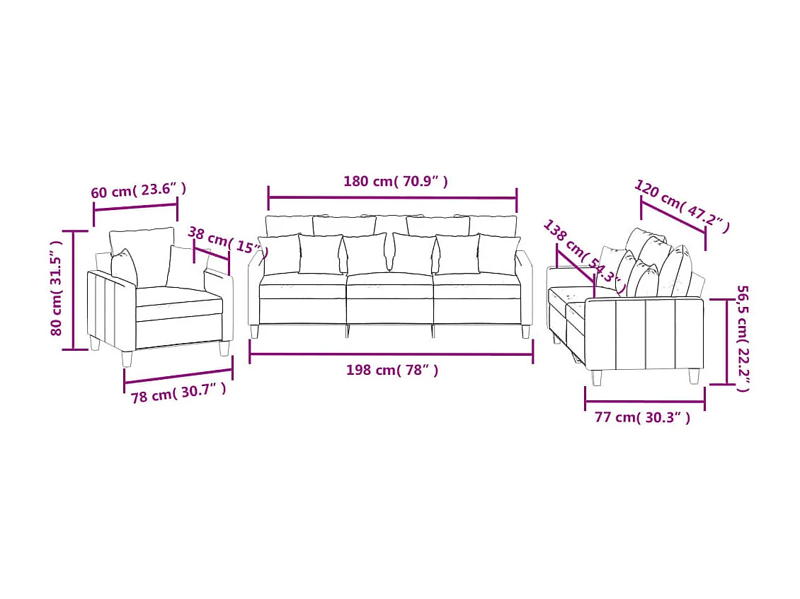 3-delige Loungeset met kussens stof wijnrood