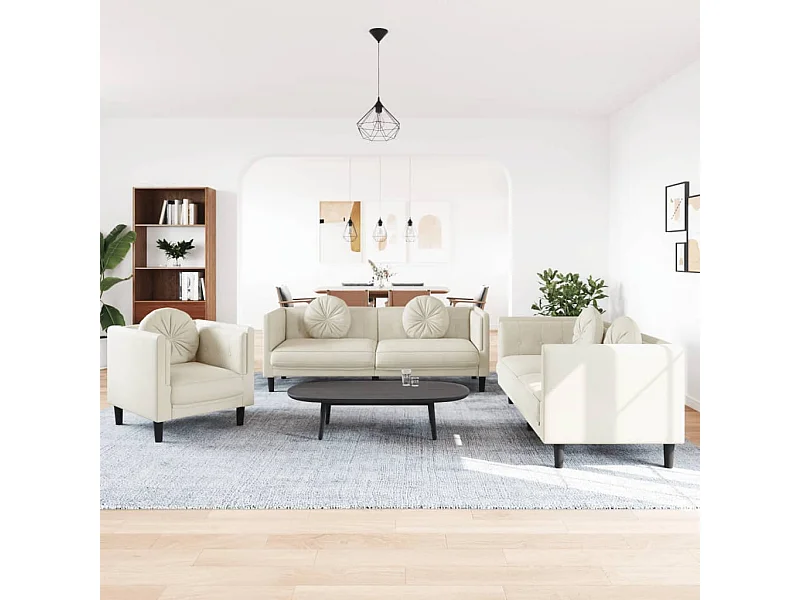 Set di Divani 3 pz con Cuscini Crema in Velluto