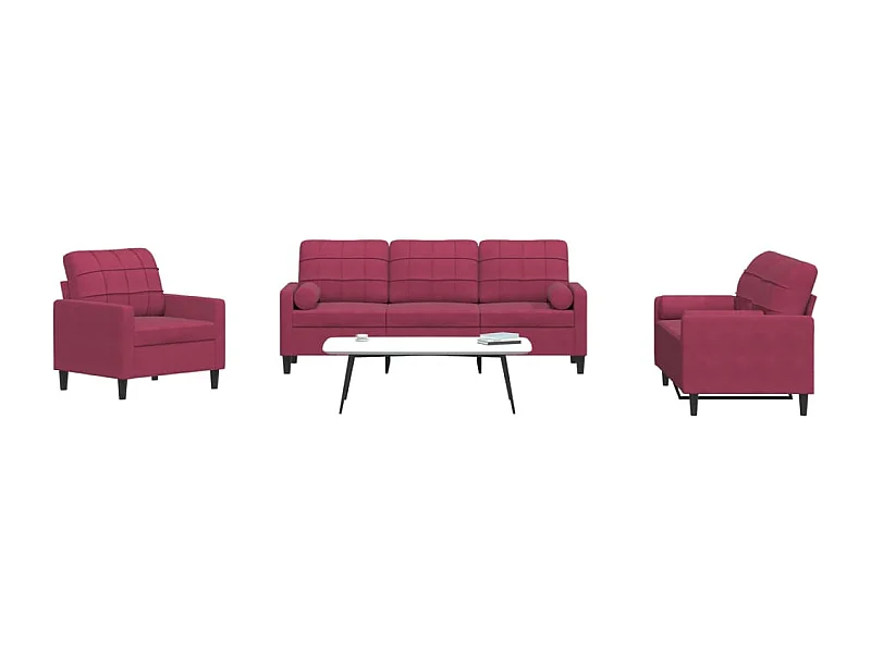 3-delige Loungeset met kussens en bolsters fluweel wijnrood