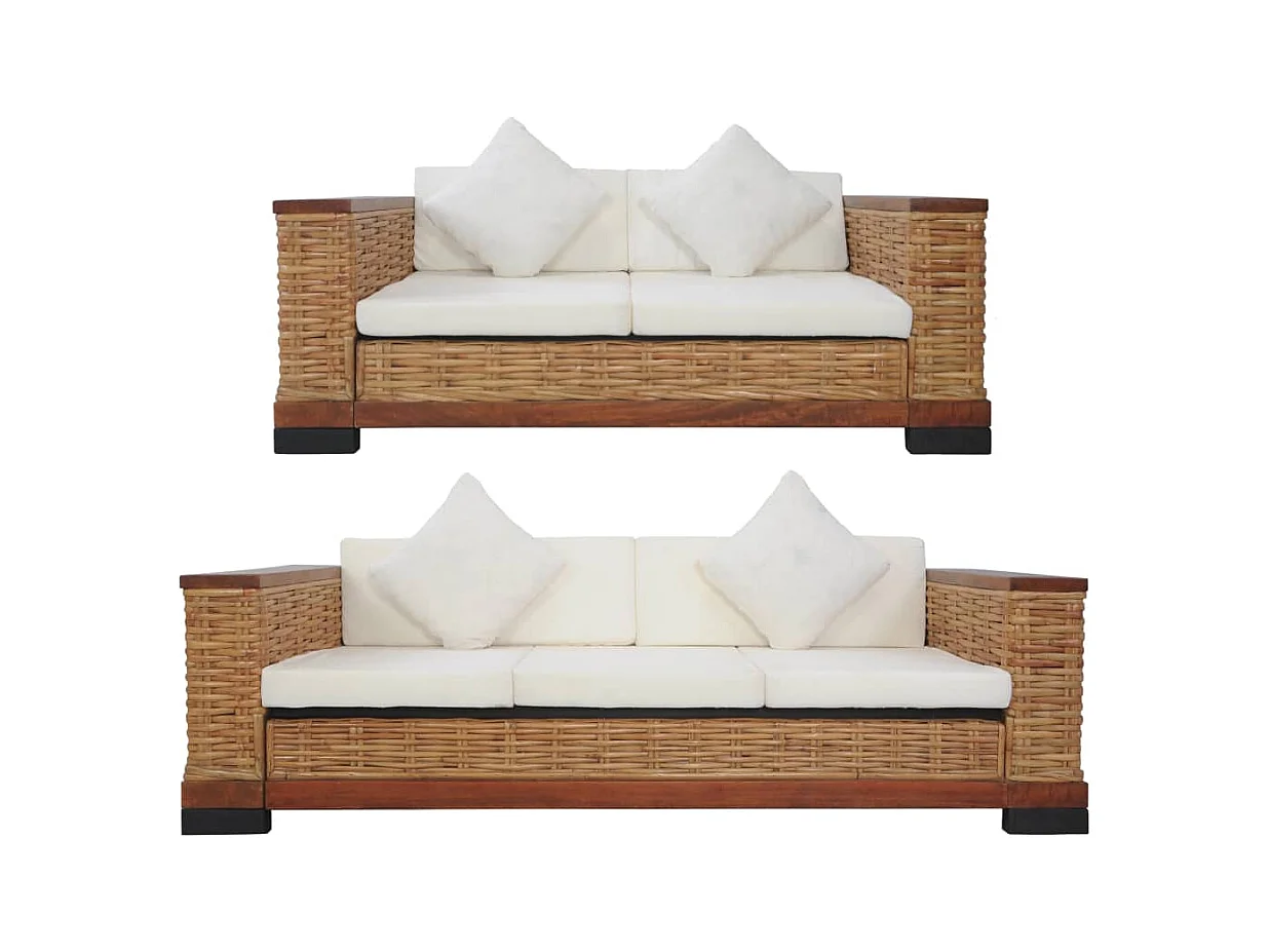 2-tlg. Sofagarnitur mit Auflagen Braun Natur Rattan