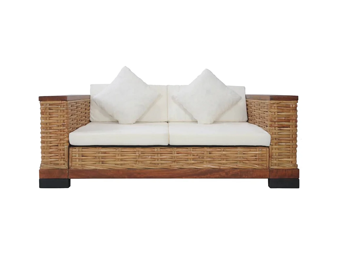2-tlg. Sofagarnitur mit Auflagen Braun Natur Rattan