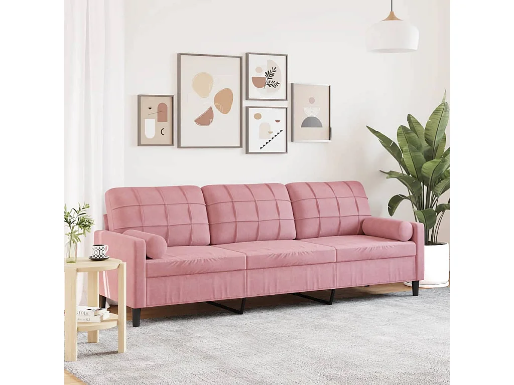 Divano a 3 Posti con Cuscini Rosa 210 cm in Velluto