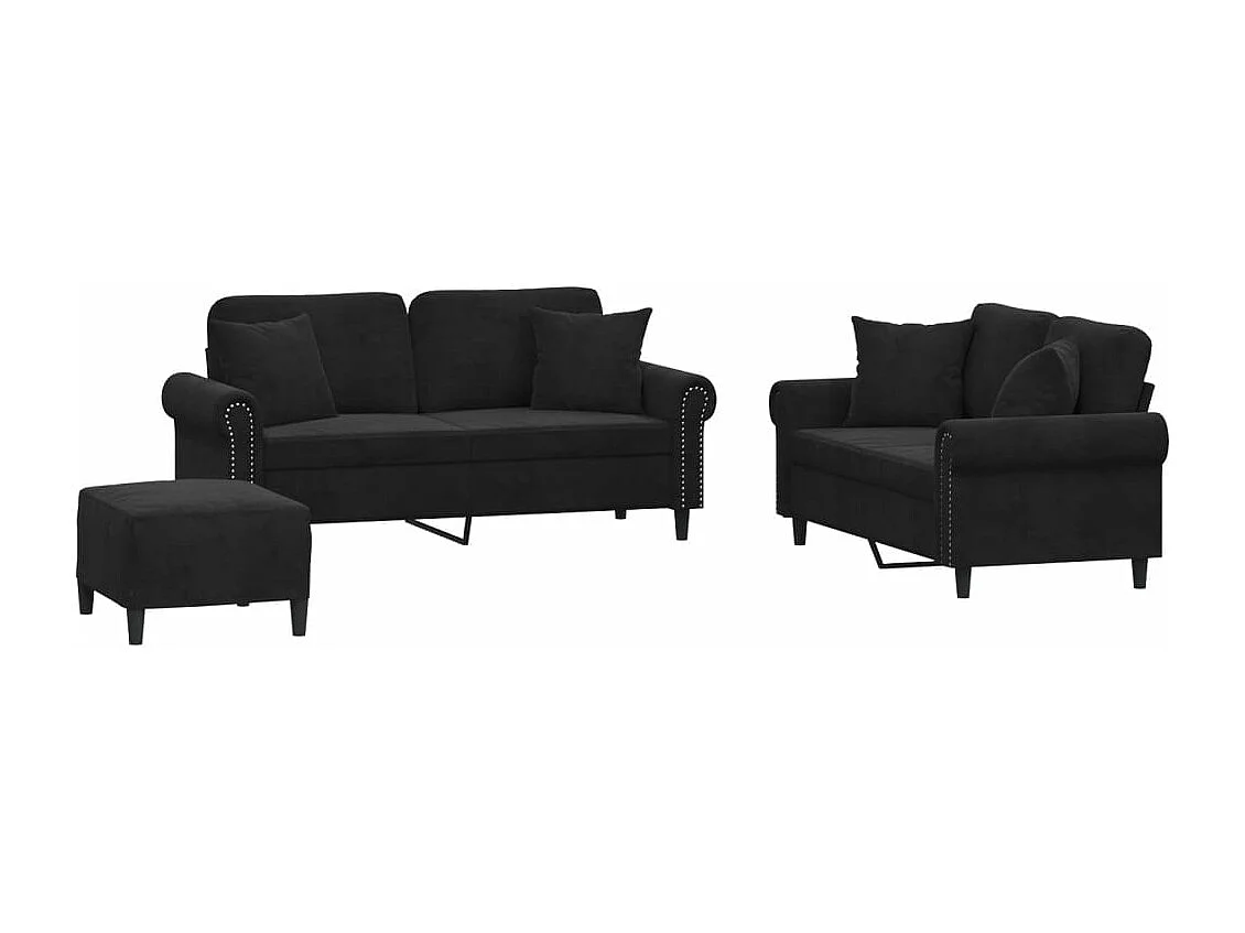 Set di Divani 3 pz con Cuscini Nero in Velluto