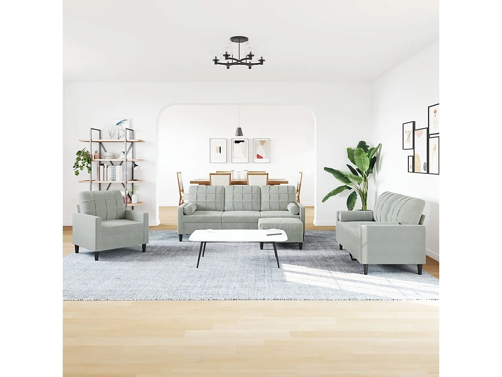 4 pcs conjunto sofás com almofadões e rolos veludo cinza-claro