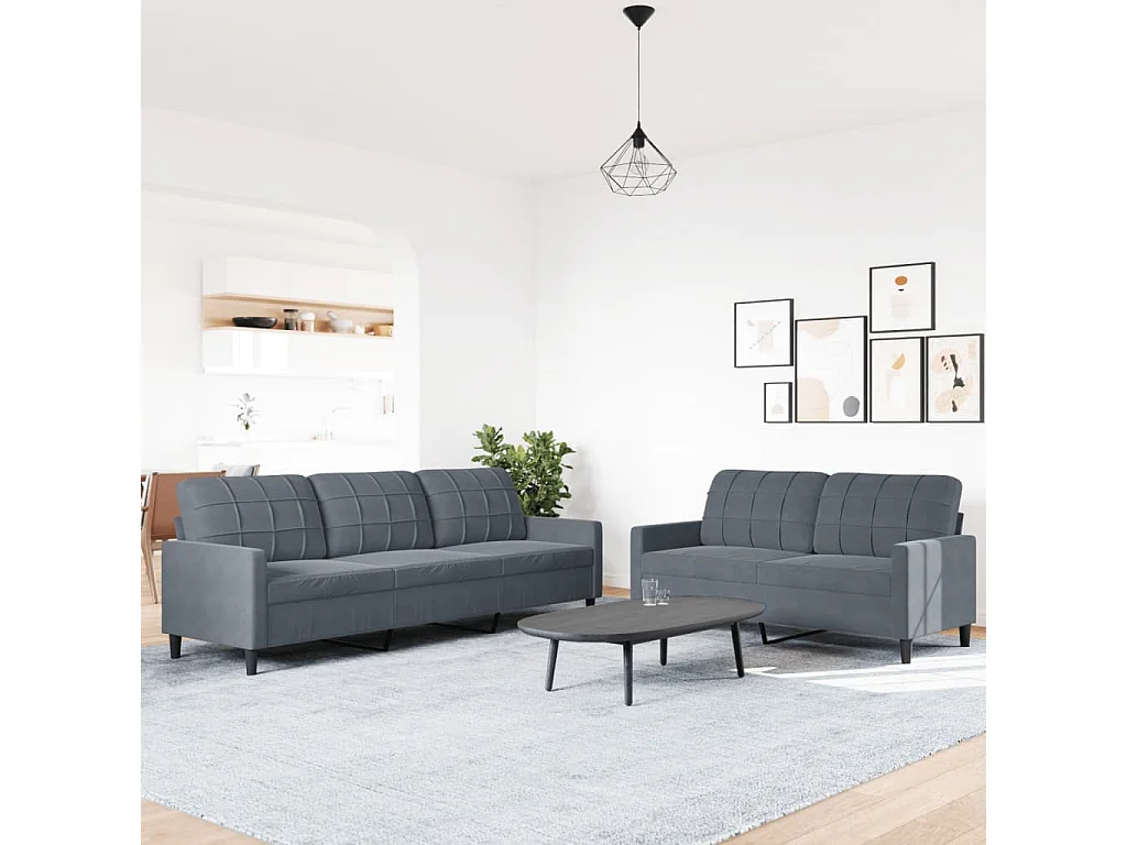 Set di Divani 2 pz con Cuscini Grigio Scuro in Velluto