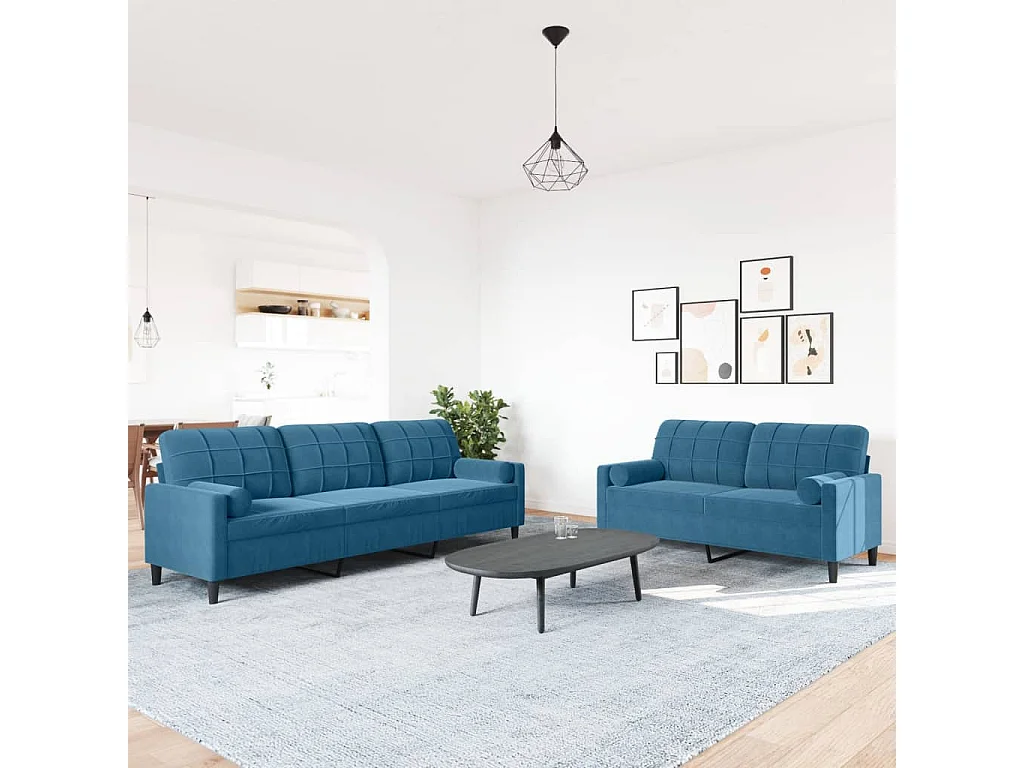 Ensemble de canapés 2pcs et coussins et traversins bleu velours