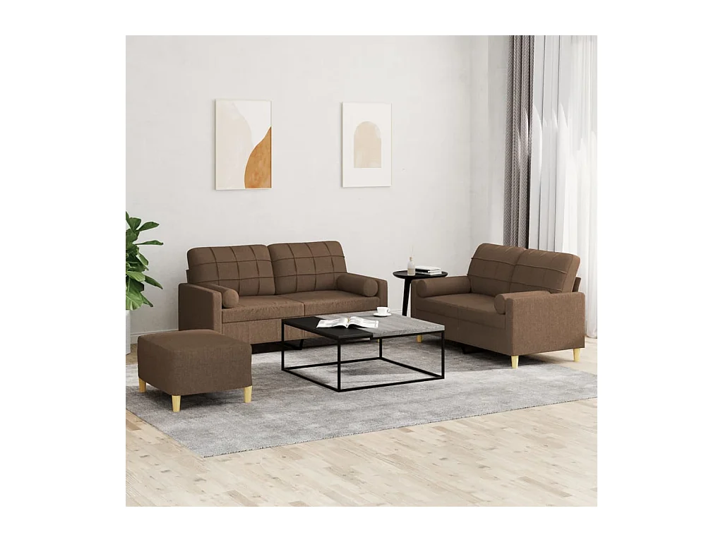 Ensemble de canapés 3 pcs avec coussins marron tissu