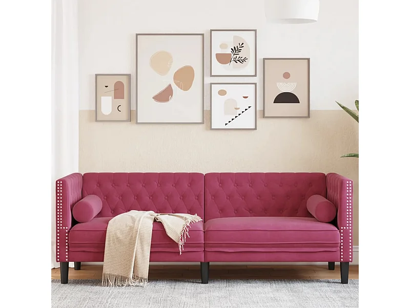 Divano Chesterfield con Rinforzi 3 Posti Rosso Vino in Velluto