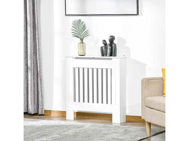 Cache-radiateur design panneau - grille d'aération verticale à lattes - dim. 78L x 19l x 81H cm - MDF blanc