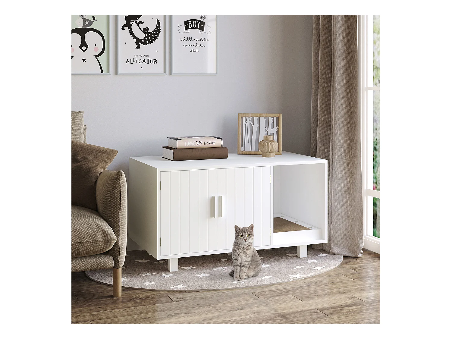 Maison de toilette pour chat - 2 portes, niche, grattoir amovible - MDF blanc