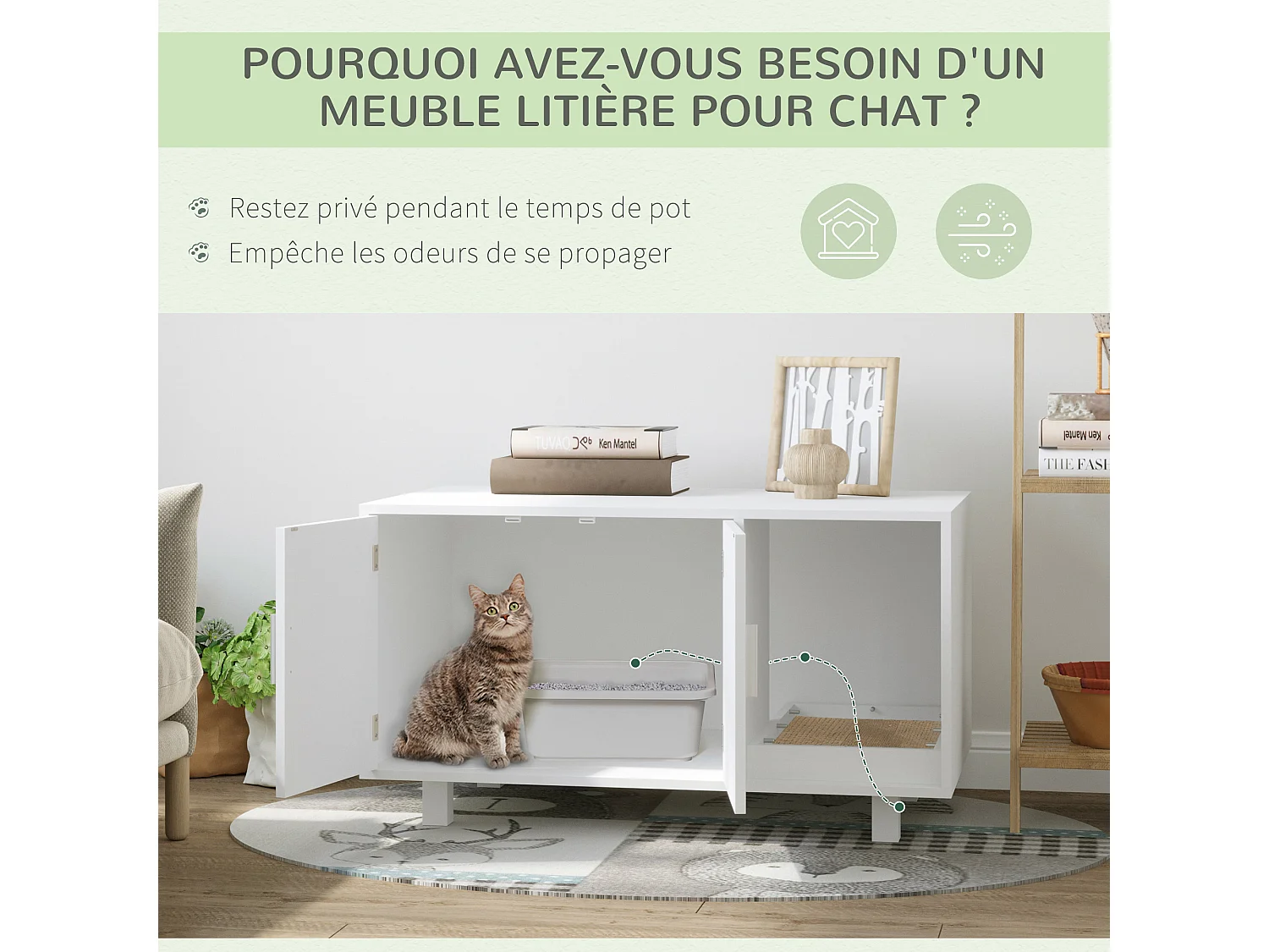 Maison de toilette pour chat - 2 portes, niche, grattoir amovible - MDF blanc