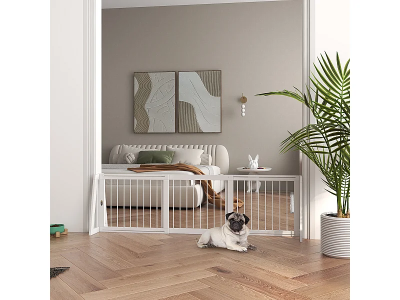 Barrière de sécurité chien 3 panneaux rétractable autoportante dim. 71-190L x 38,5l x 56H cm bois blanc