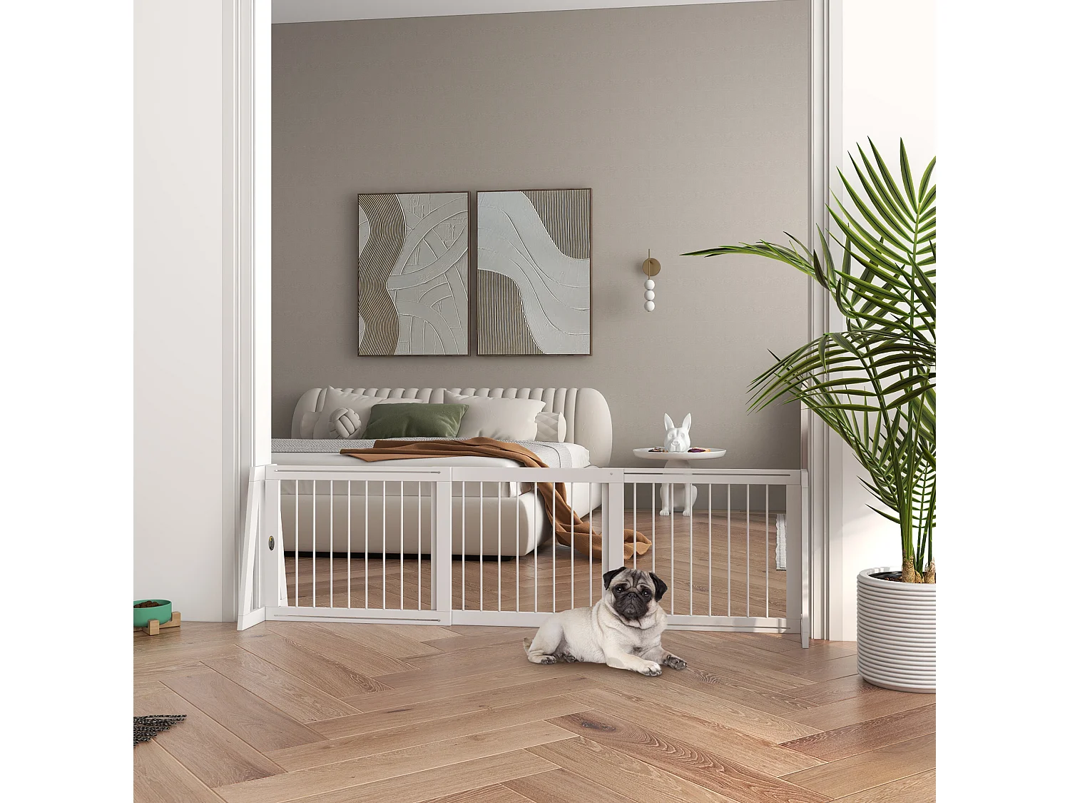 Barrière de sécurité chien 3 panneaux rétractable autoportante dim. 71-190L x 38,5l x 56H cm bois blanc