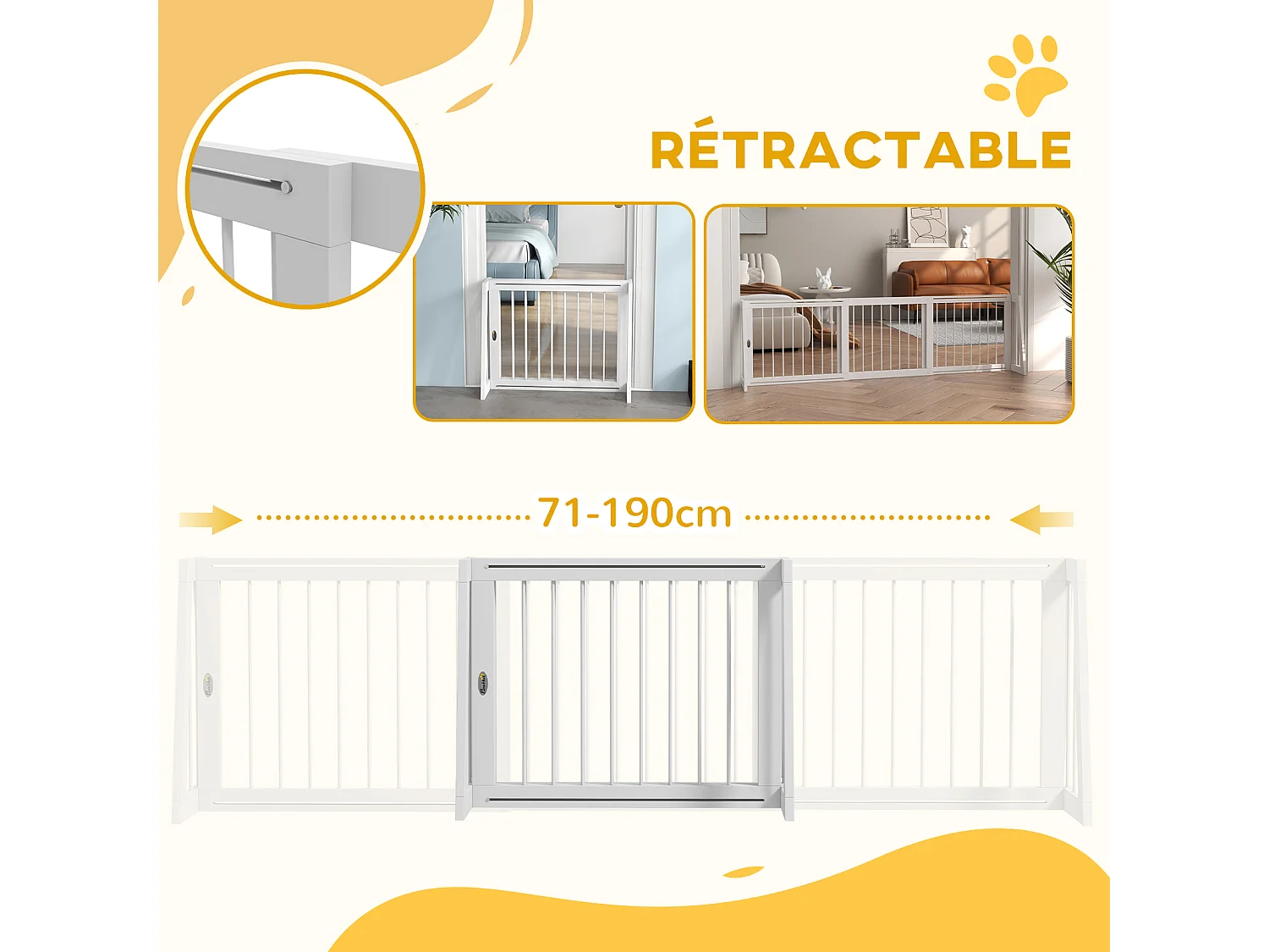 Barrière de sécurité chien 3 panneaux rétractable autoportante dim. 71-190L x 38,5l x 56H cm bois blanc