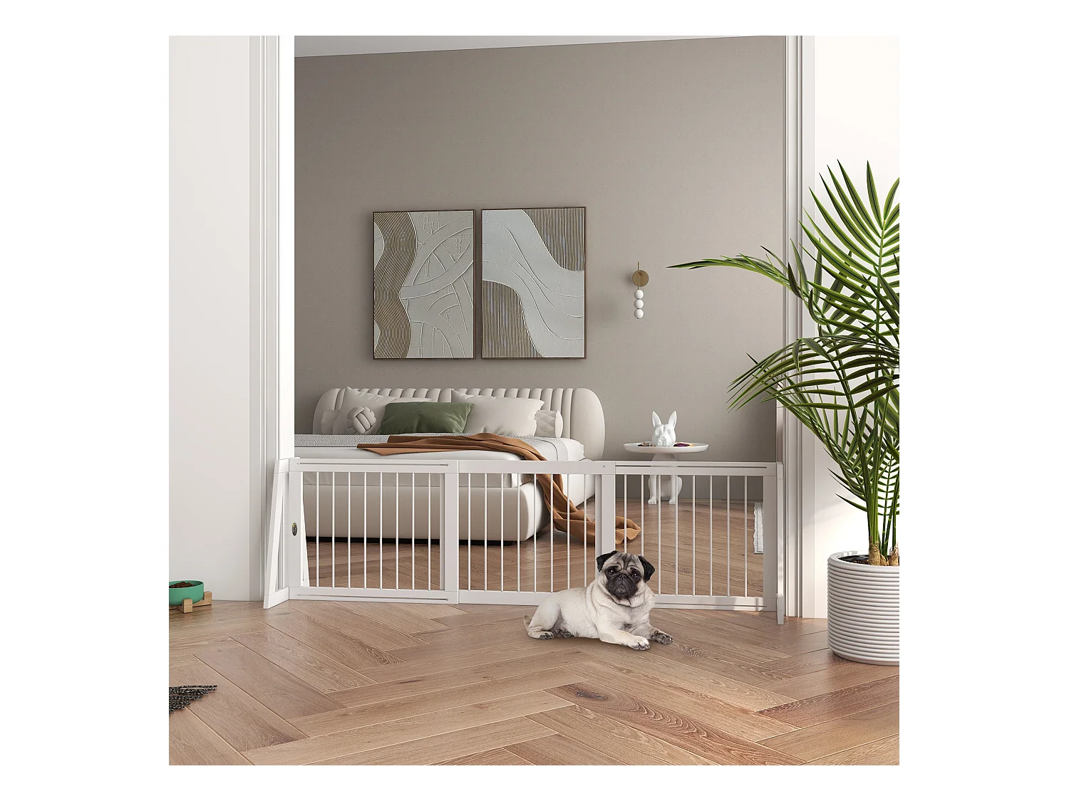 Barrière de sécurité chien 3 panneaux rétractable autoportante dim. 71-190L x 38,5l x 56H cm bois blanc