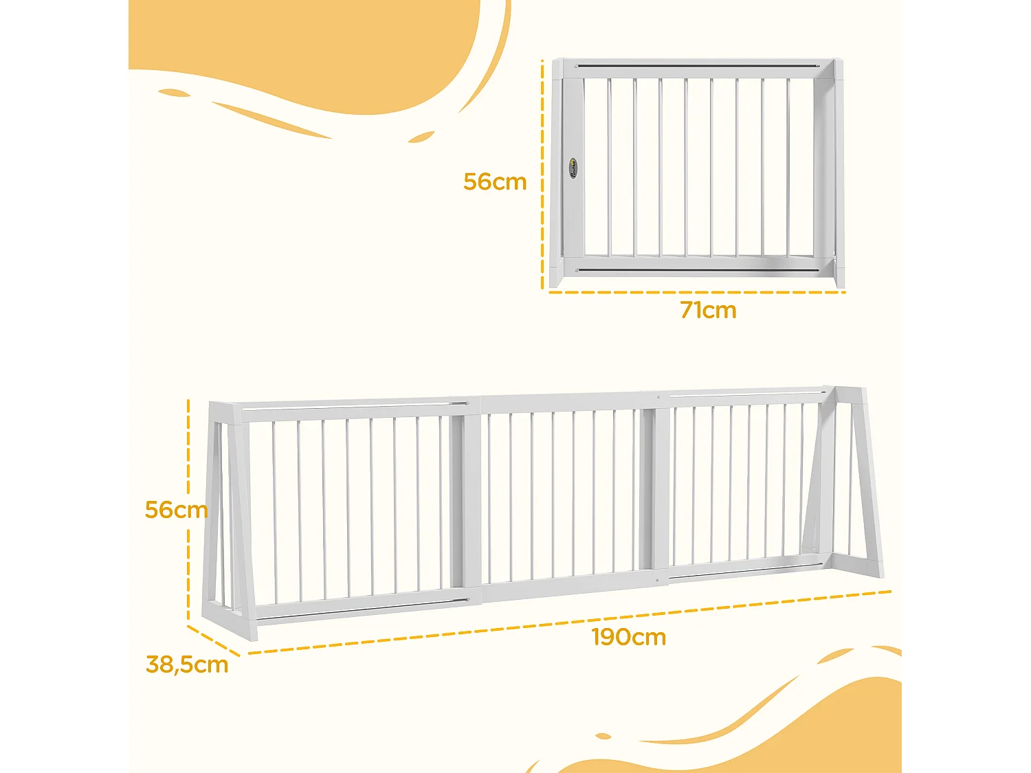 Barrière de sécurité chien 3 panneaux rétractable autoportante dim. 71-190L x 38,5l x 56H cm bois blanc