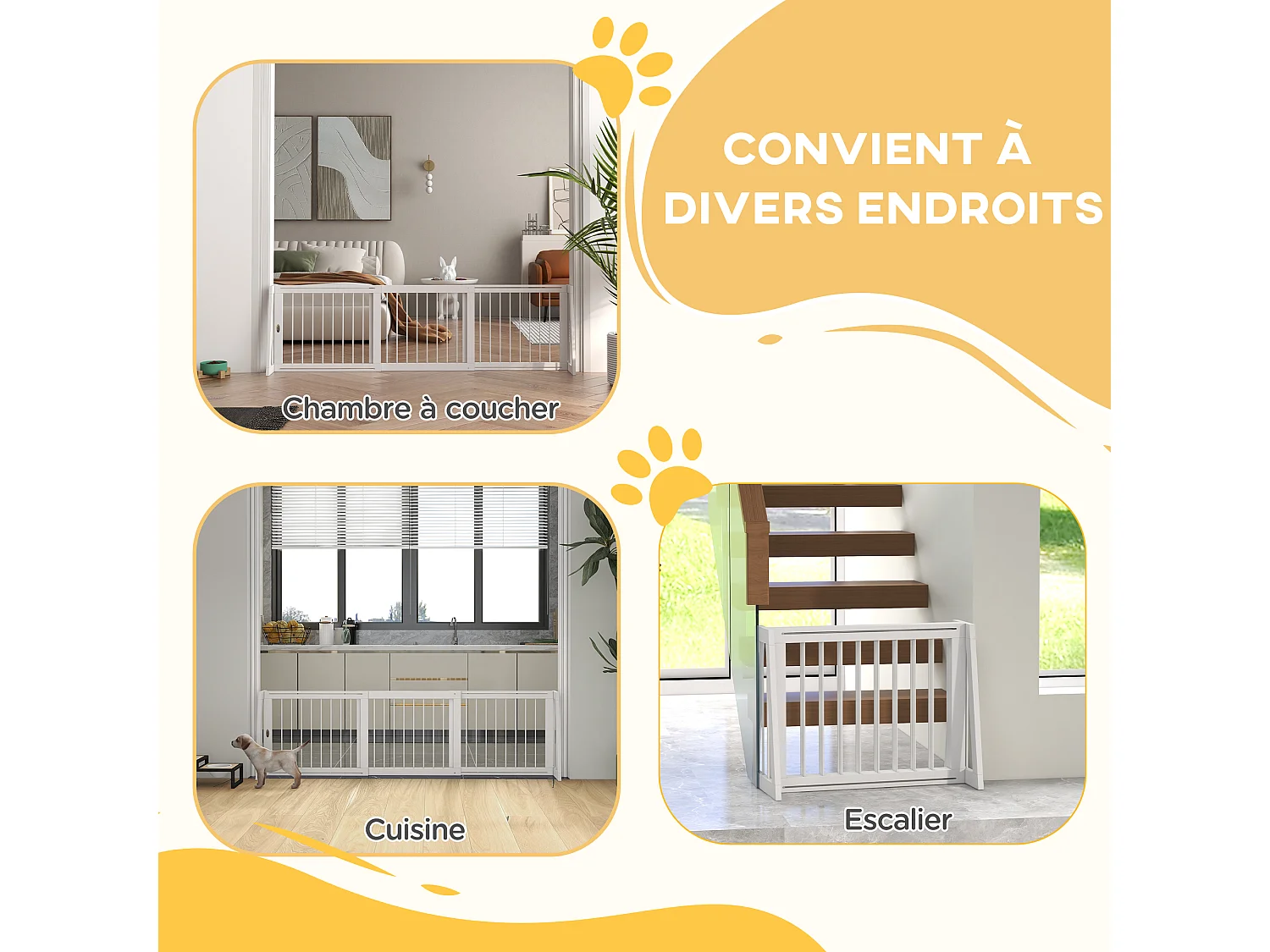 Barrière de sécurité chien 3 panneaux rétractable autoportante dim. 71-190L x 38,5l x 56H cm bois blanc